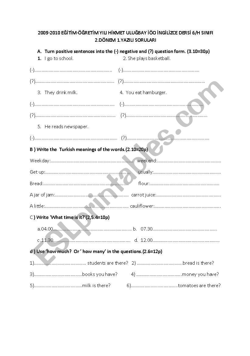 6th grade first exam worksheet