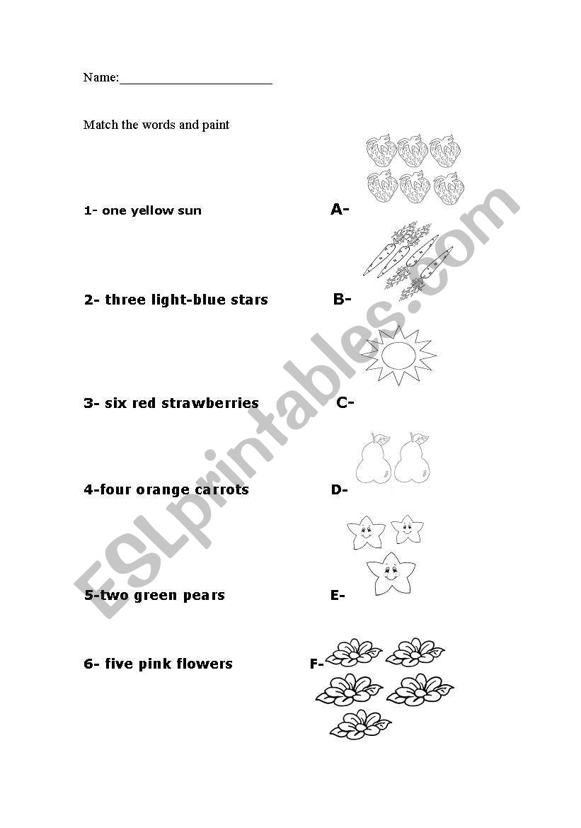 colours and numbers matching worksheet
