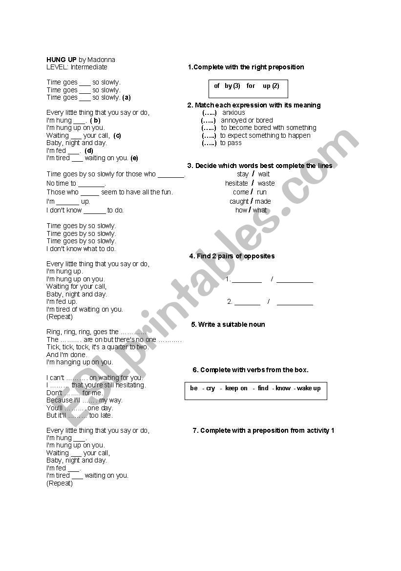 Song by Madonna Hung Up worksheet