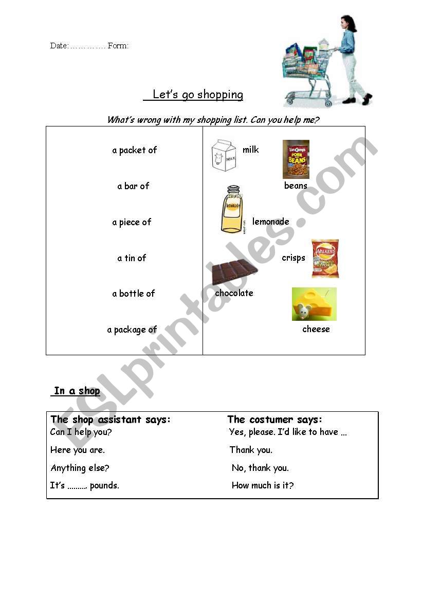 Lets go shopping worksheet