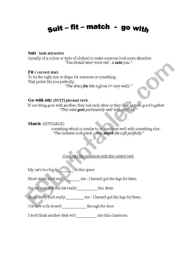 go with - fit - suit worksheet