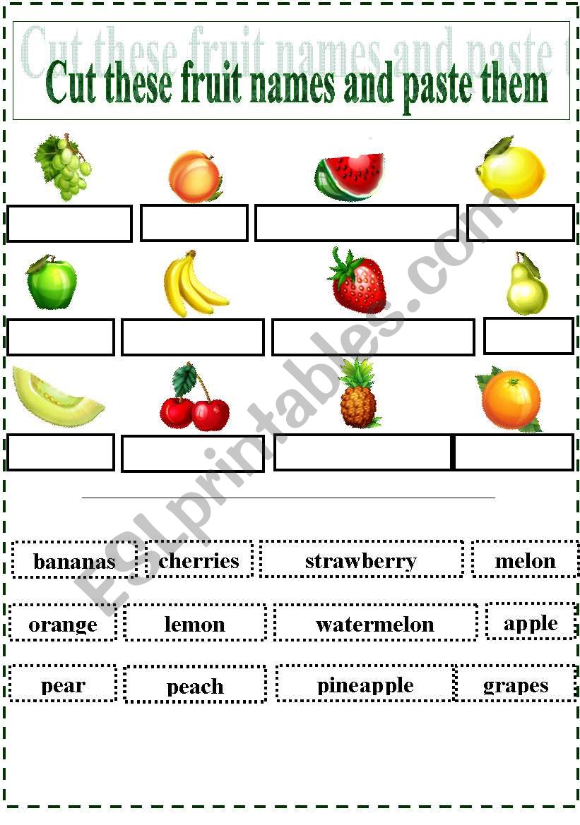 Cut & Paste fruits names worksheet