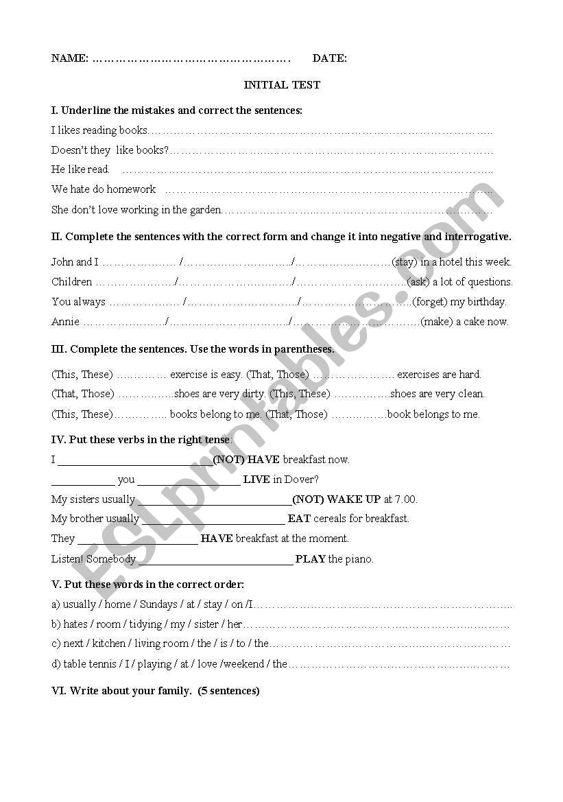 grammar test worksheet