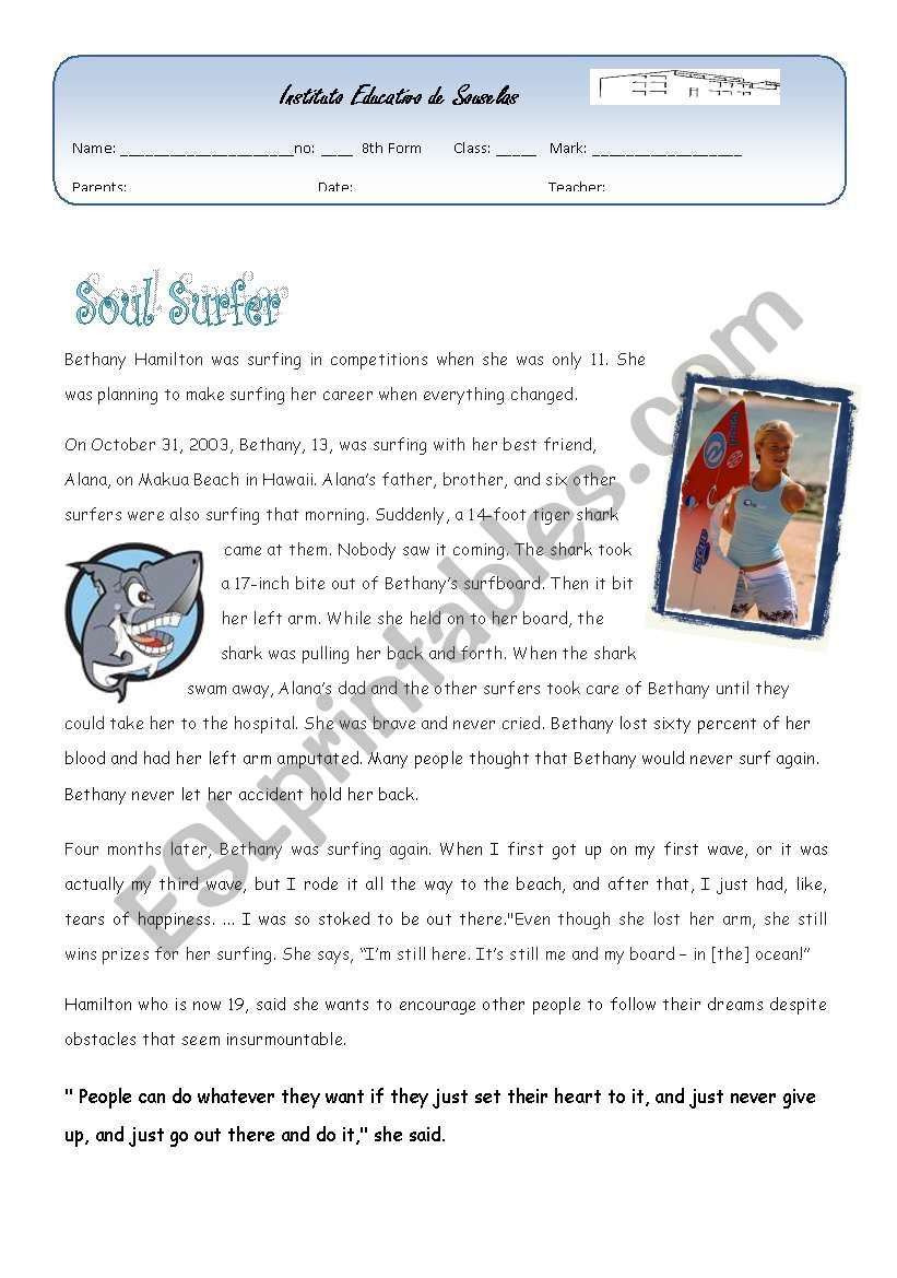 Soul Surfer worksheet