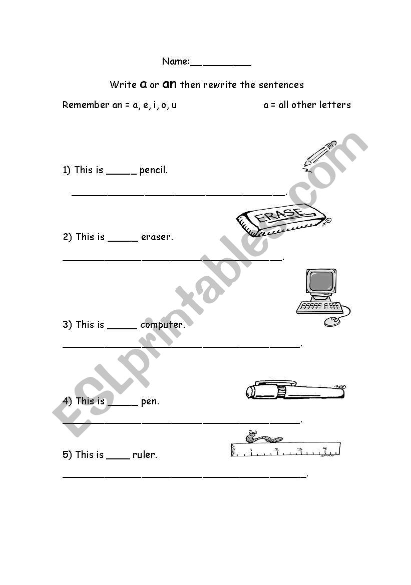 simple a vs an worksheet worksheet