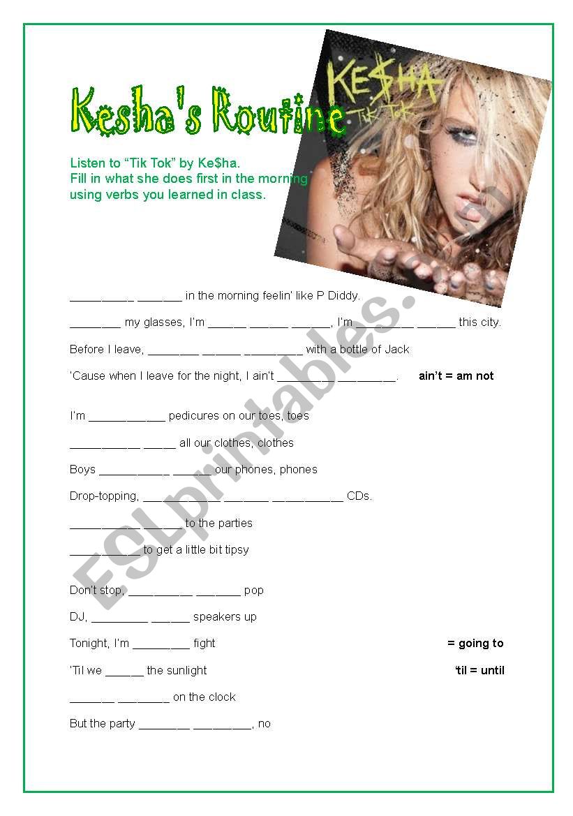 Ke$ha - Tik Tok worksheet