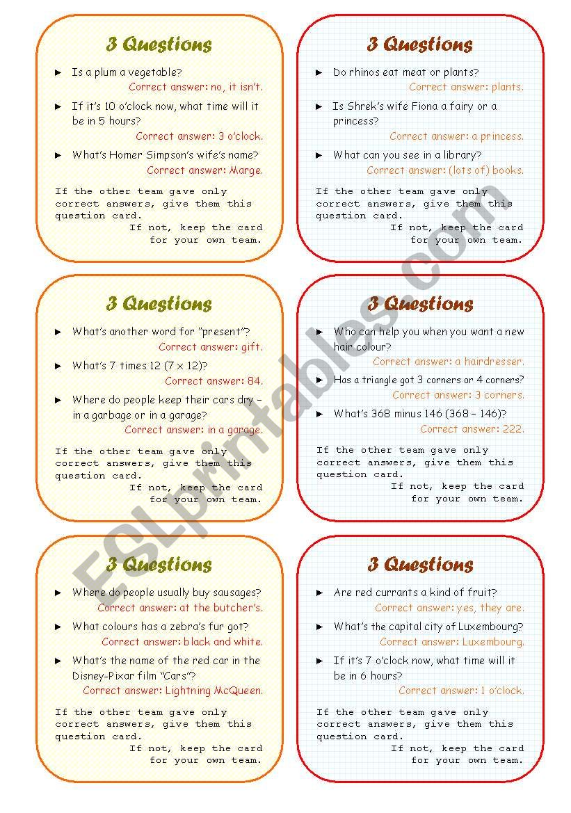 3 Questions Fun Classroom Competition Fully Editable Speaking