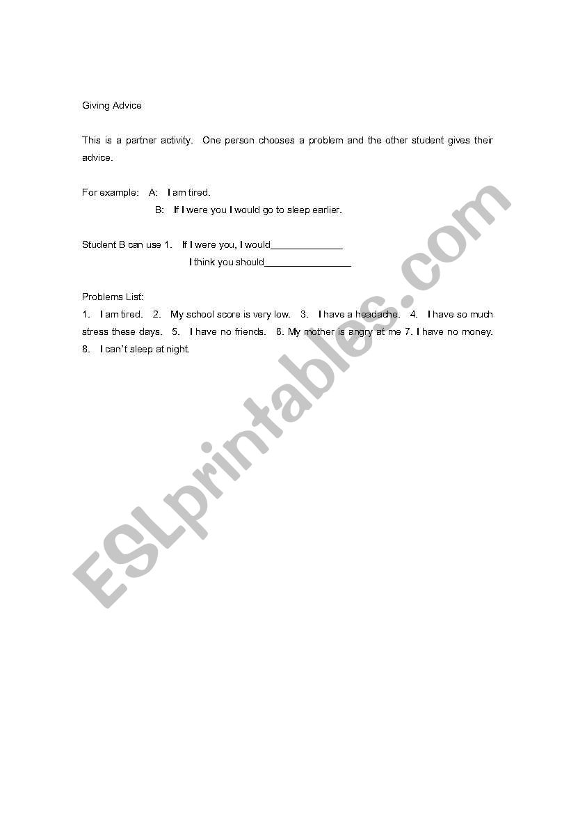 Giving Advice worksheet