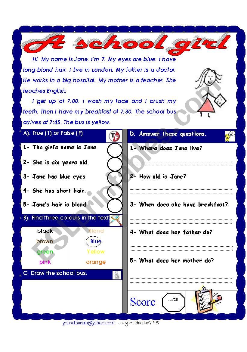 Reading comprehension test. Theme (colours)