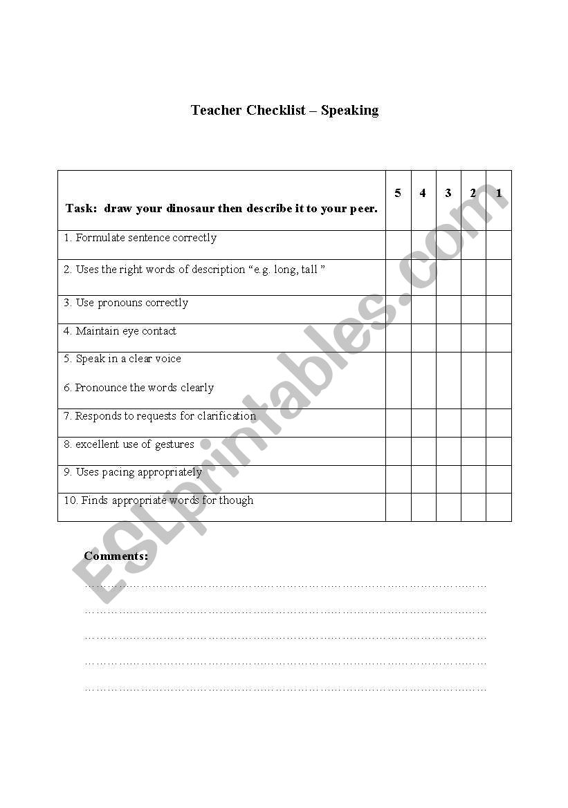 Teacher speaking checklist worksheet