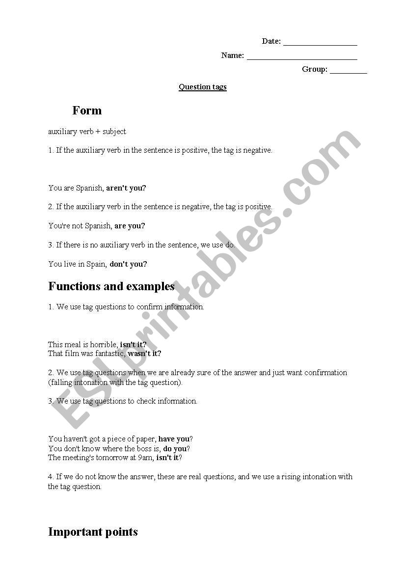 question tags worksheet