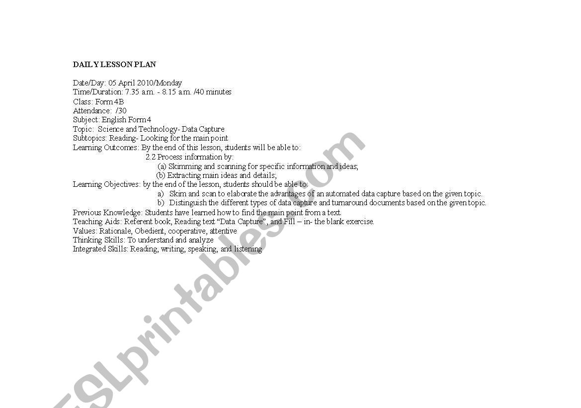 reading lesson plan worksheet
