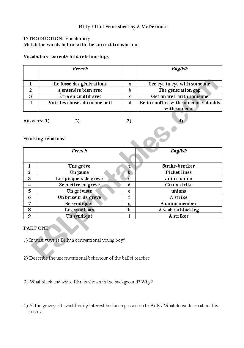 billy elliot worksheet