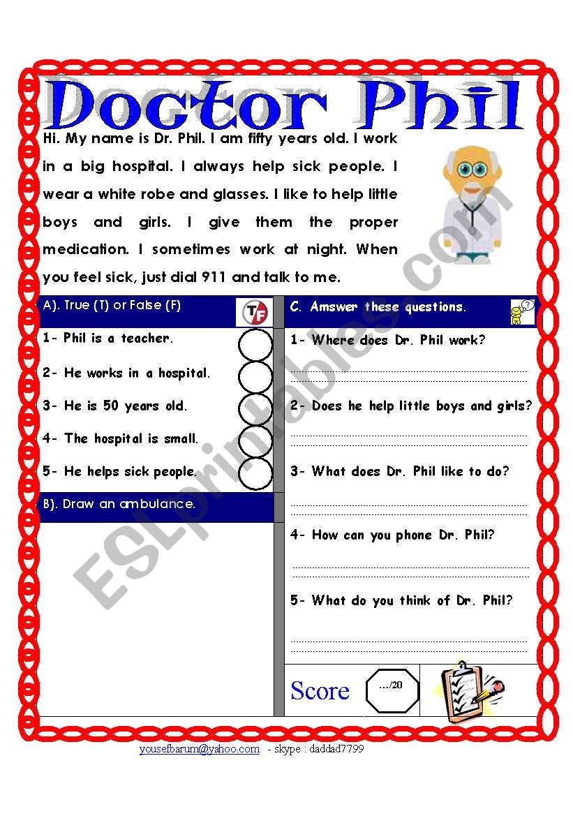 Reading comprehension test. Theme (Doctors)