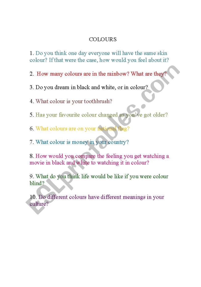 Colours Questionnaire worksheet