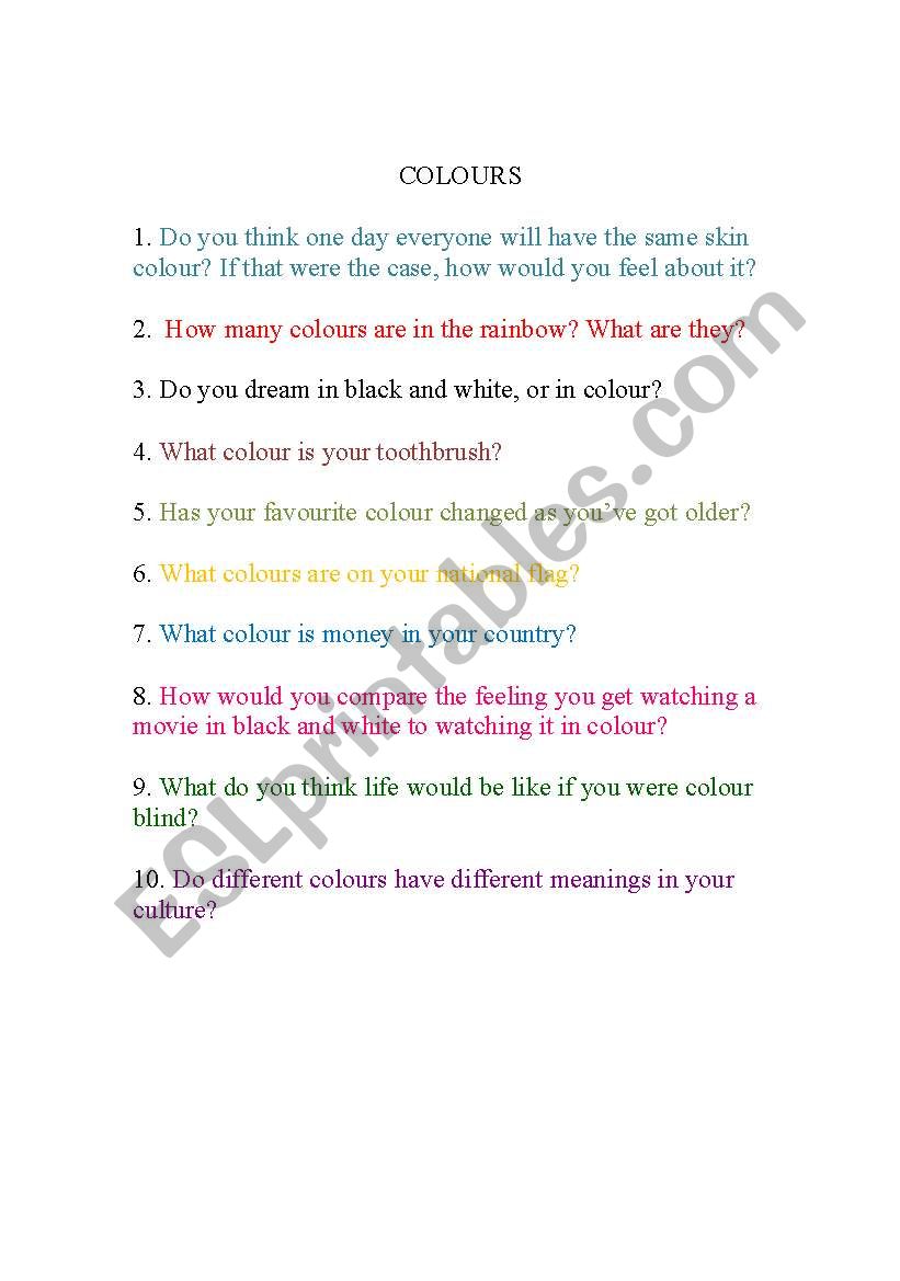 Colours Questionnaire worksheet