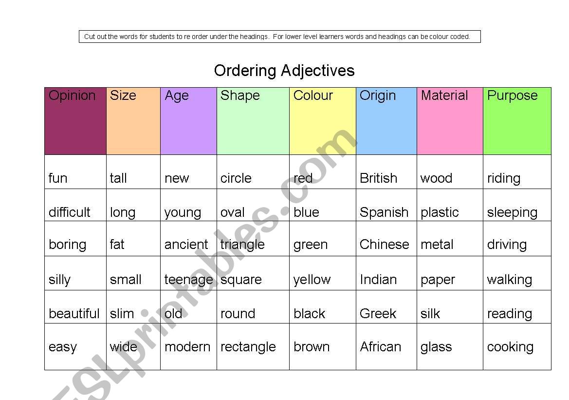 Ordering Adjectives Worksheets