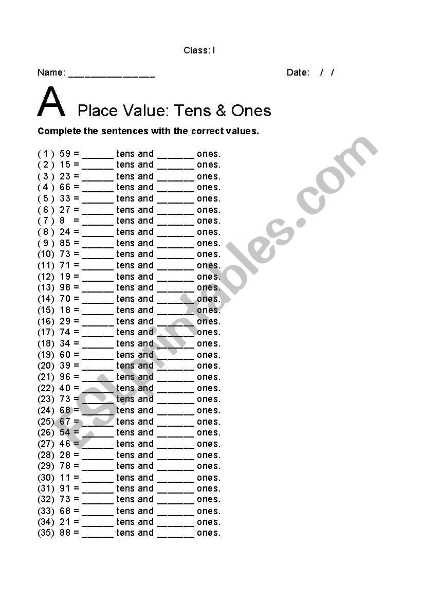 place value worksheet