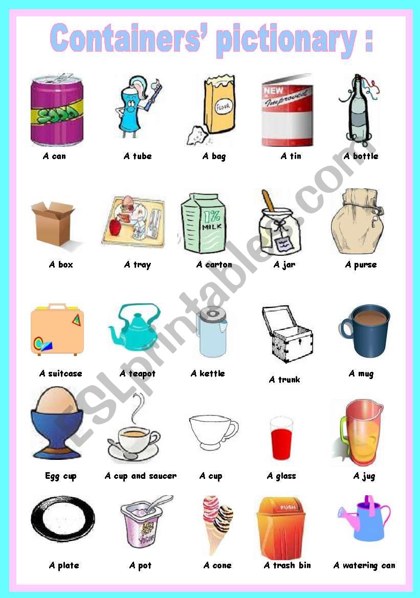 containers pictionary worksheet