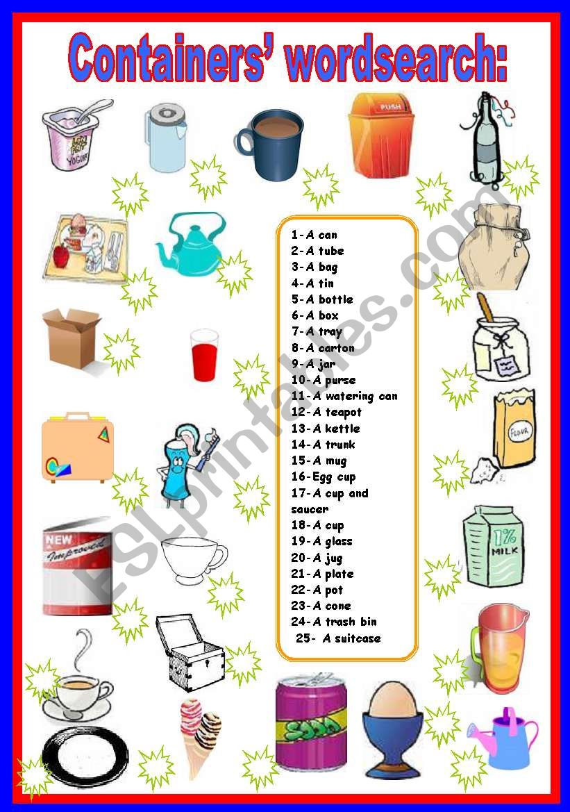 containers wordsearch worksheet