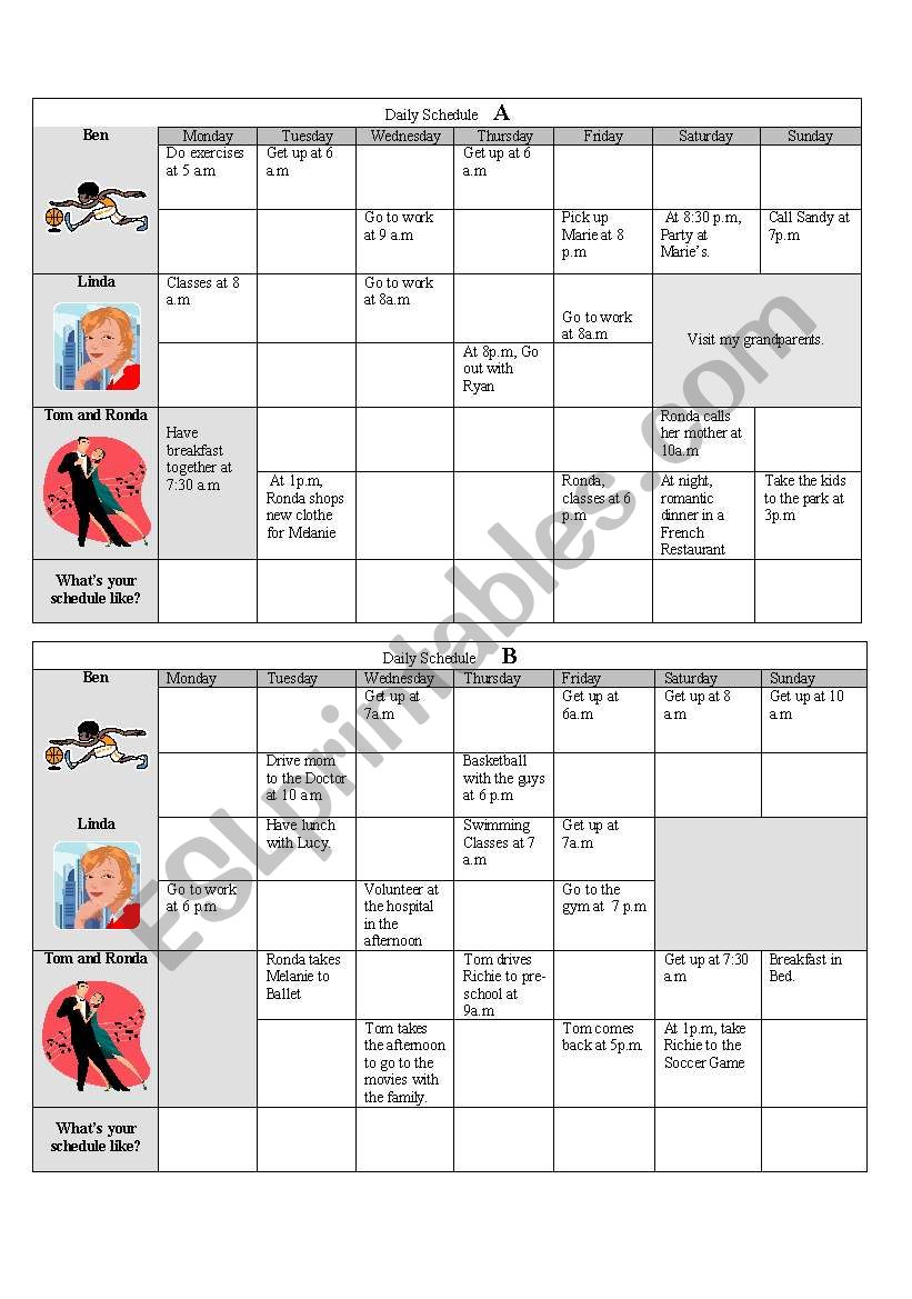 Daily Schedule A and B worksheet