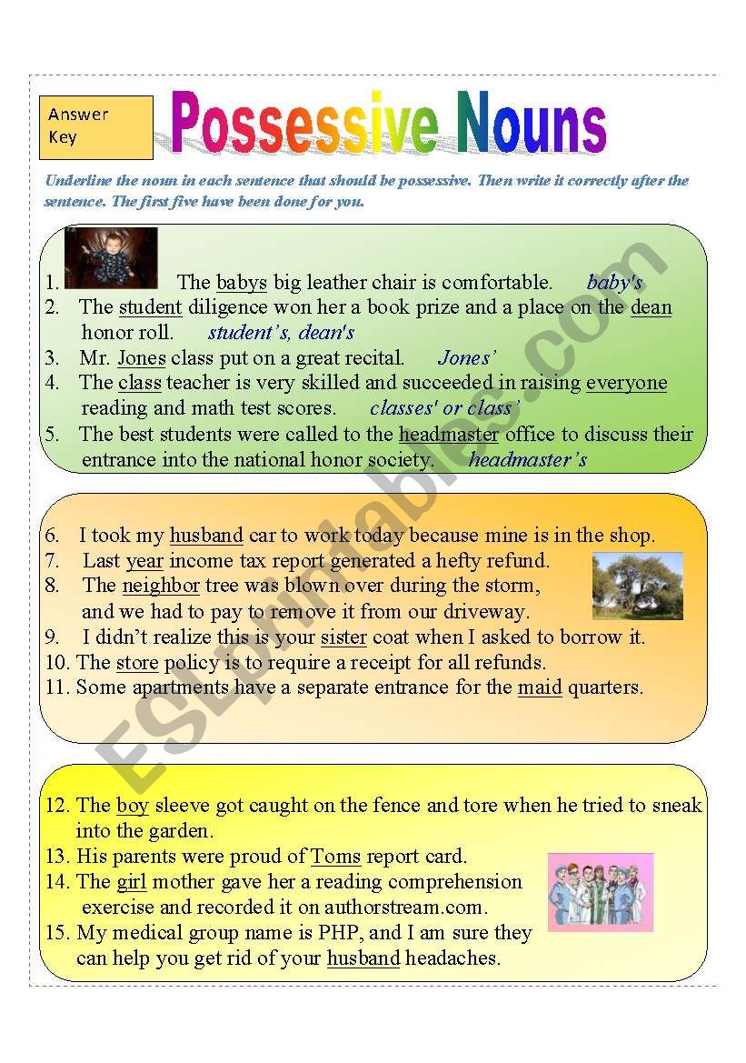 possessive nouns esl worksheet by redcamarocruiser