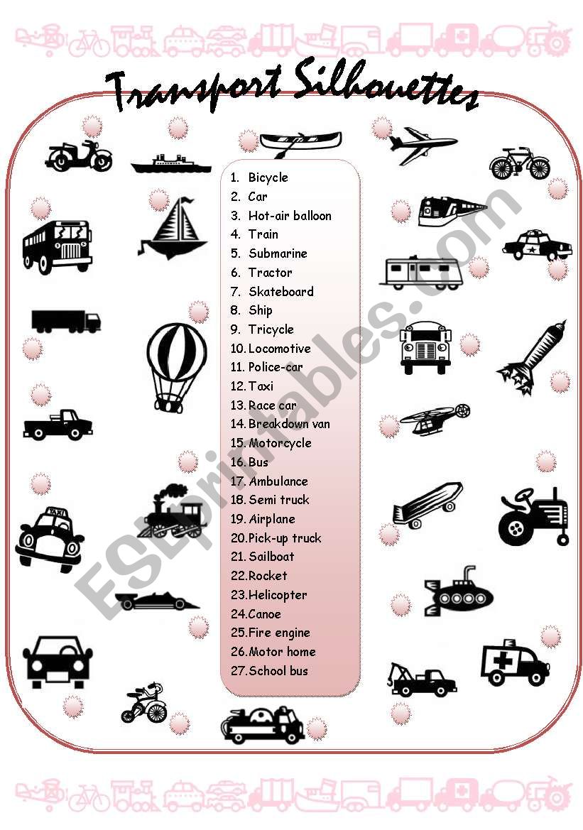 Trasport sillouettes worksheet