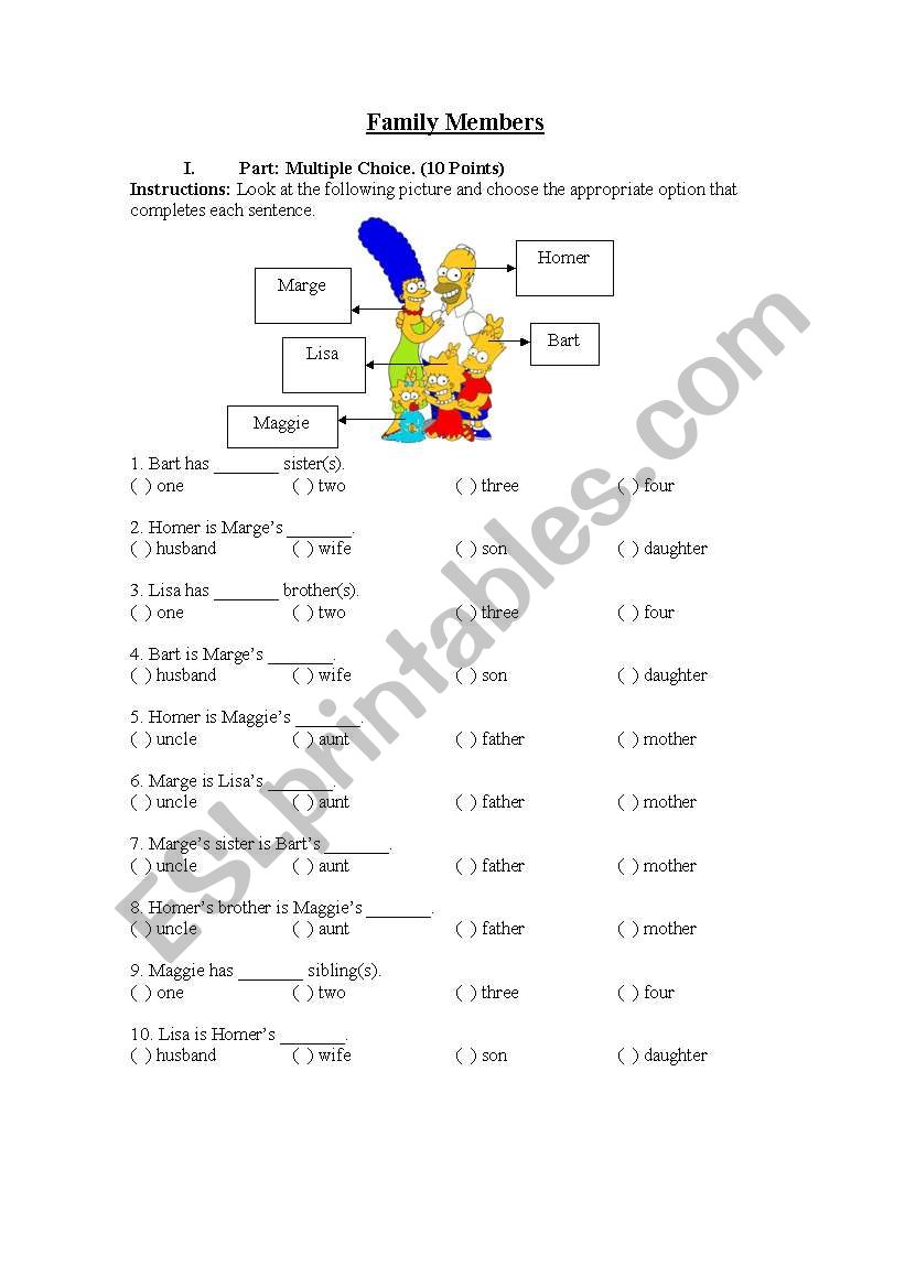 Family Members Test worksheet