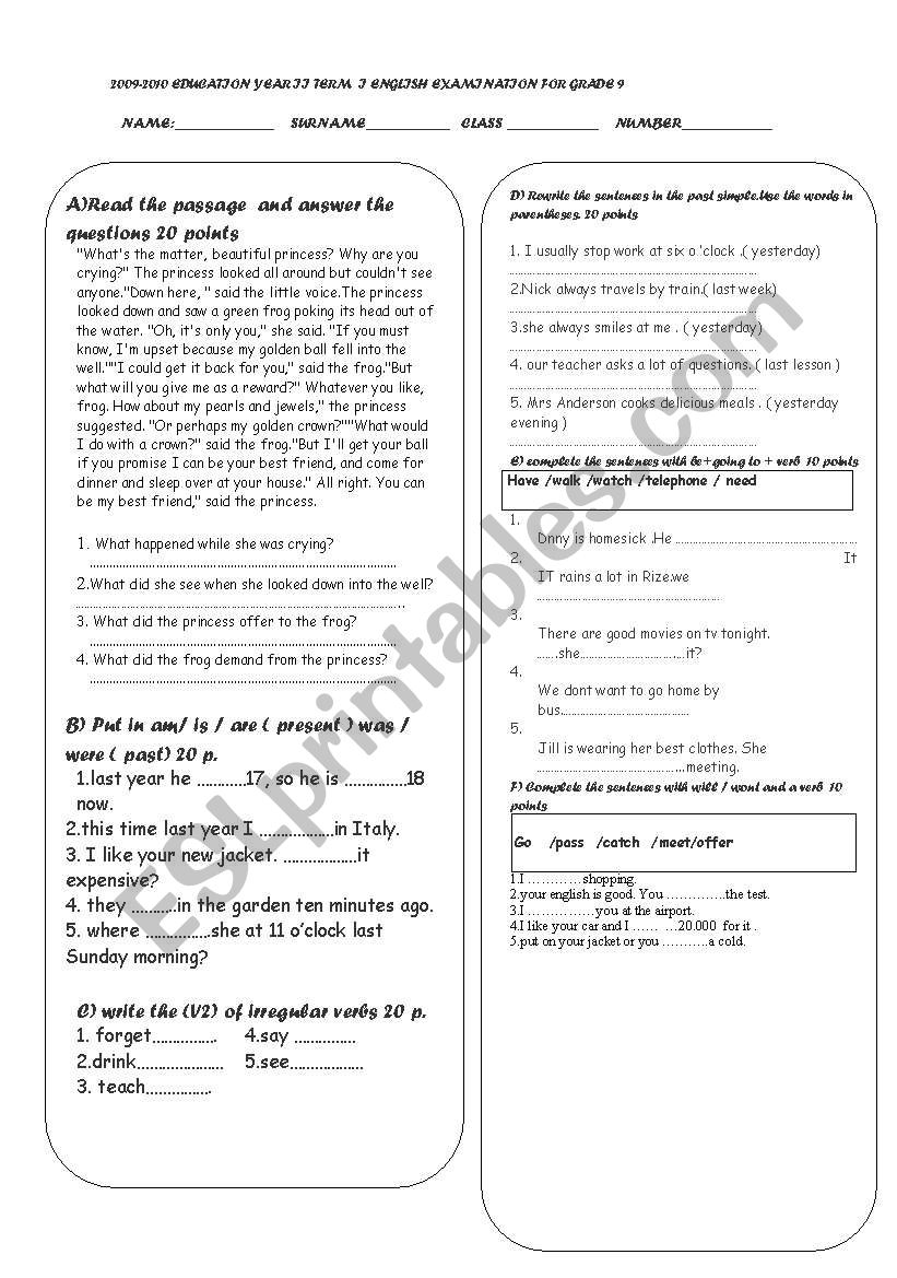 exam worksheet