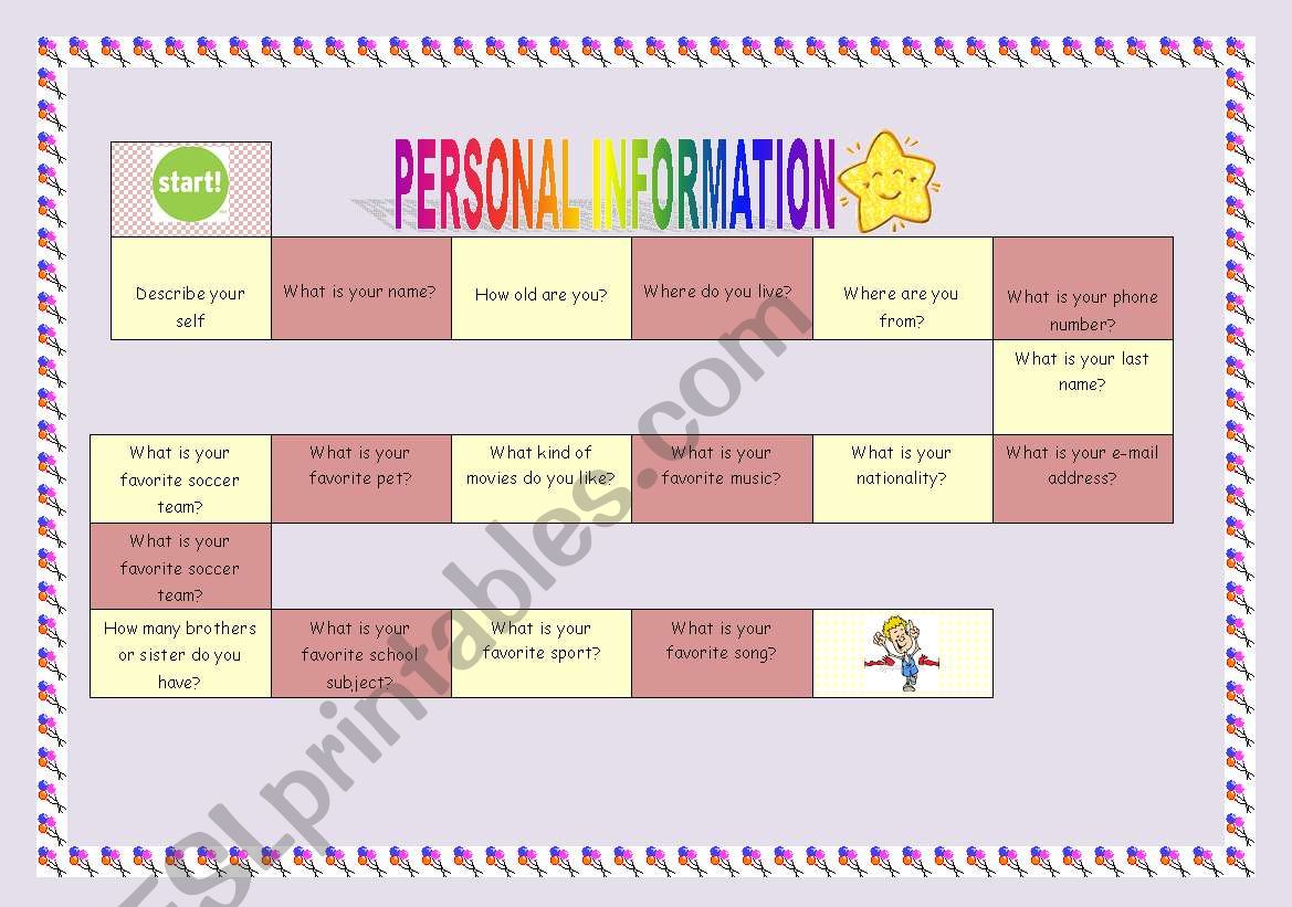 Personal Information game worksheet