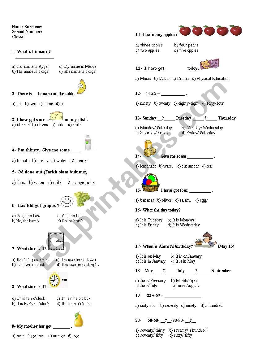 Exam for 5th garders worksheet