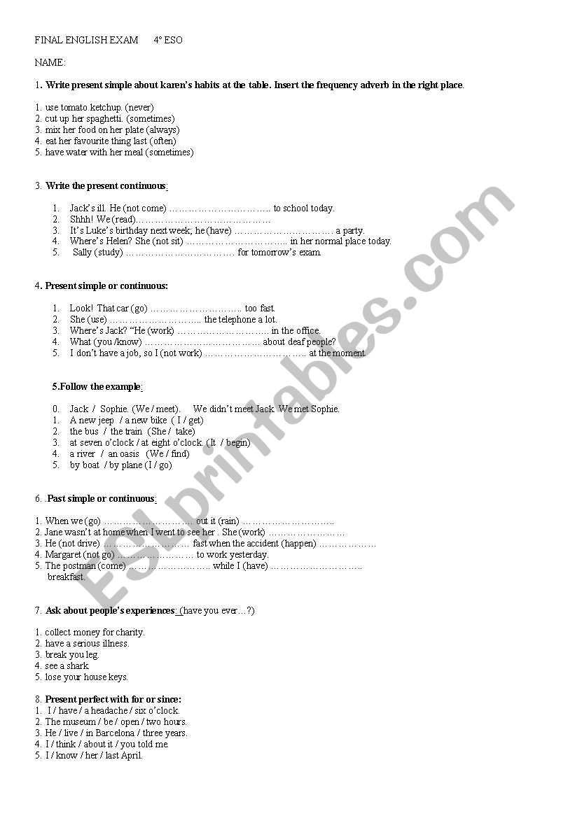 Final test 4 ESO  worksheet