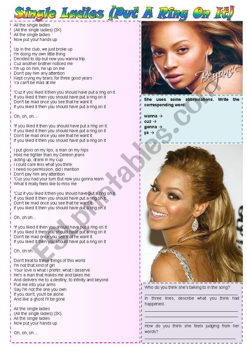 Single Ladies - comprehension, grammar, writing, class discussion ***fully editable ((2 pages))