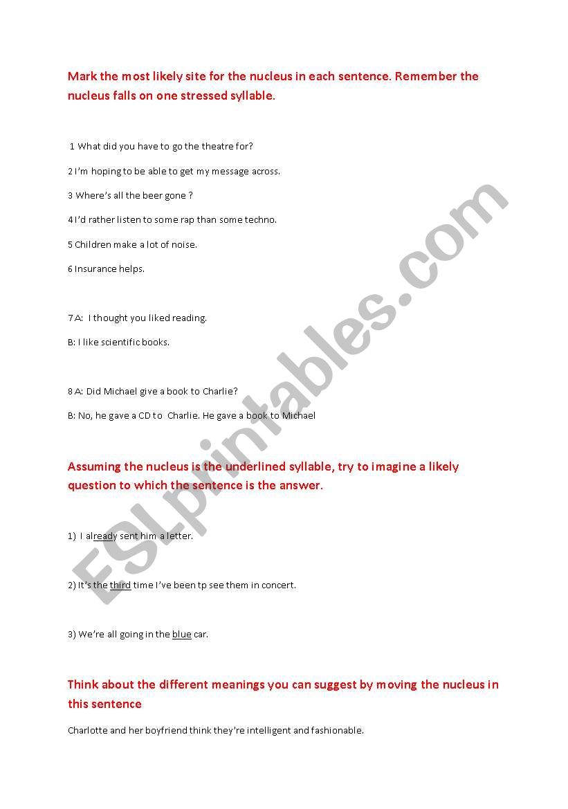 Sentence stress worksheet with answers