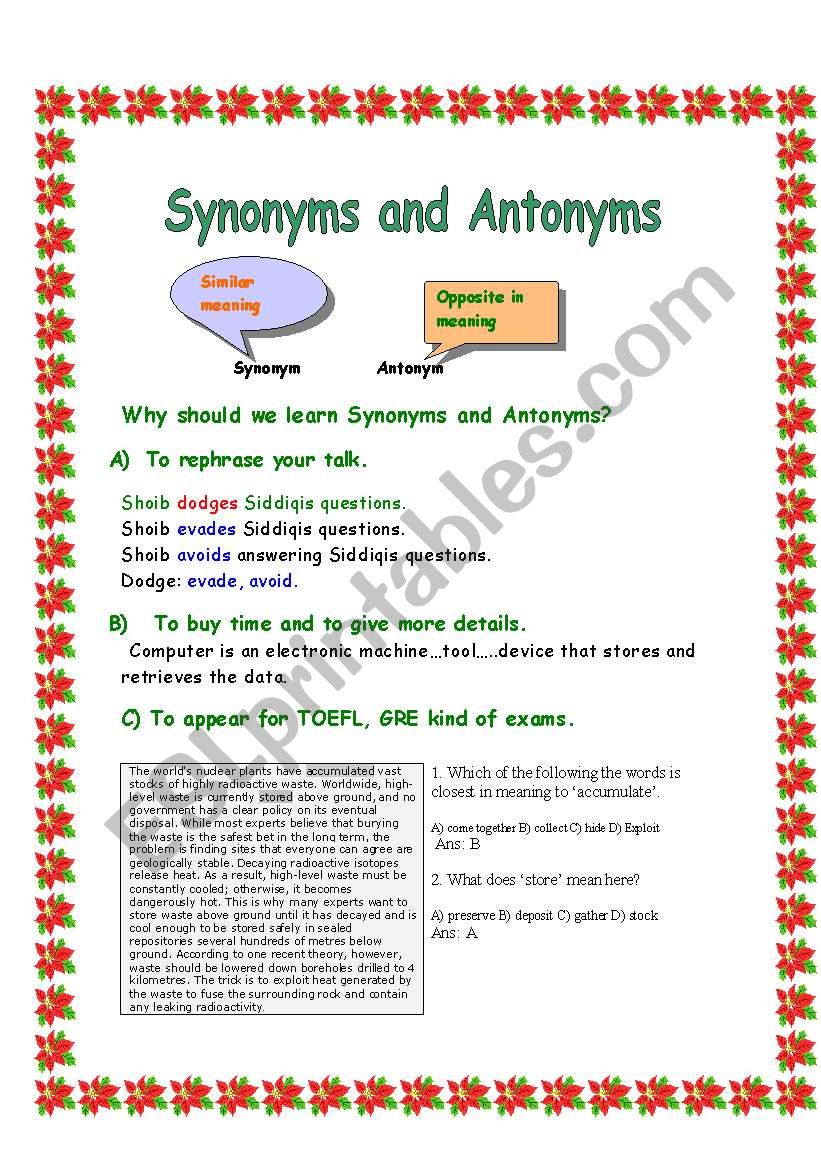 Synonyms And Antonyms Esl Worksheet By Cennoju