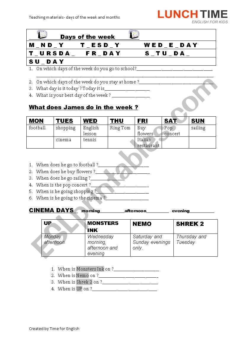 Days of the week and months worksheet