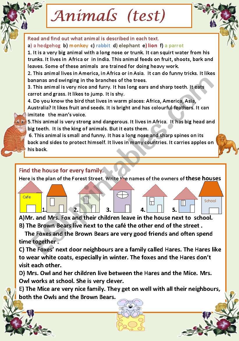 Animals ( test) worksheet