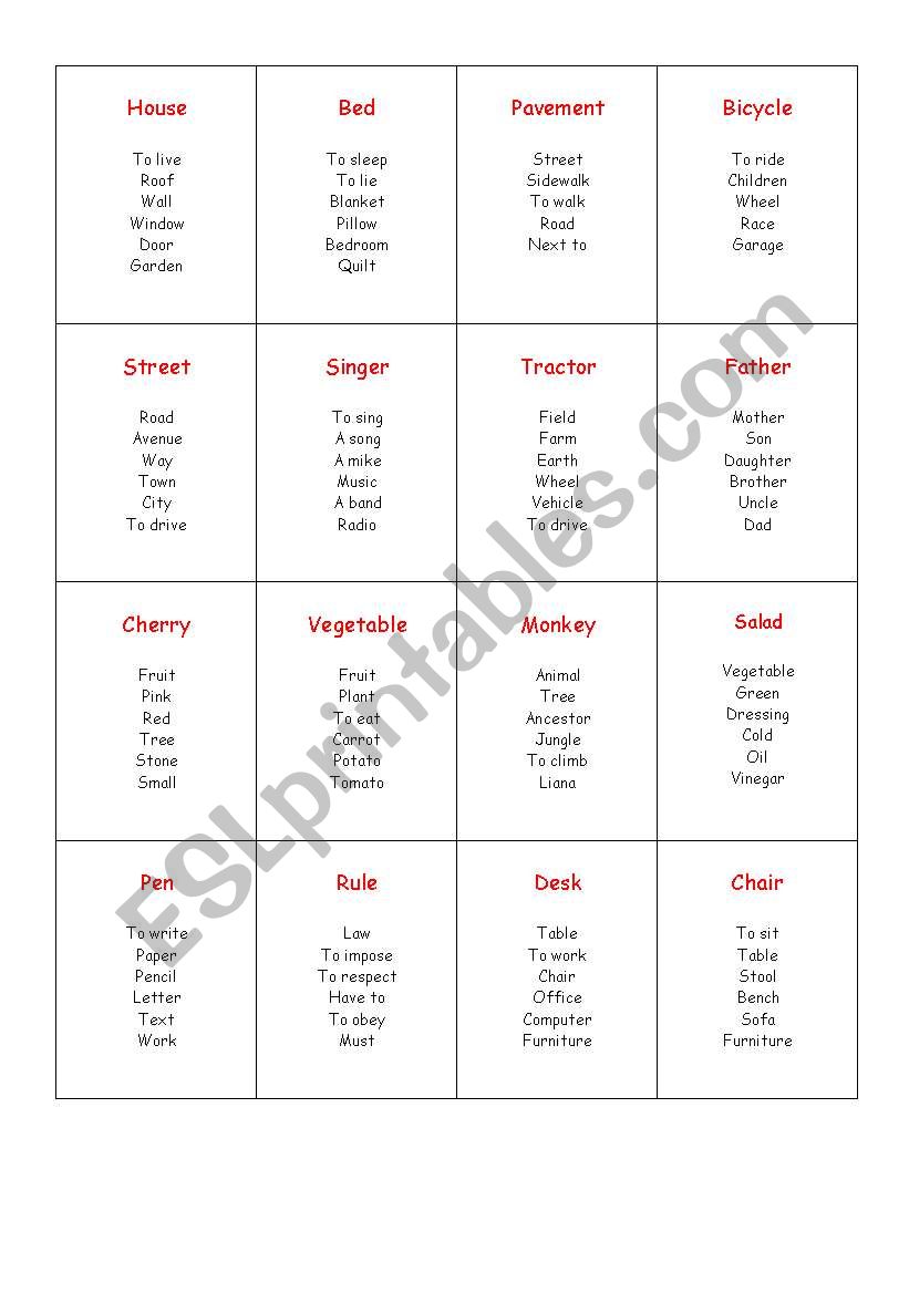 Taboo game cards worksheet