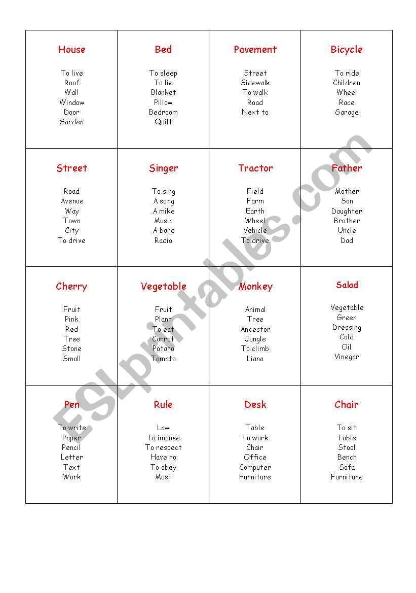 Taboo game cards worksheet