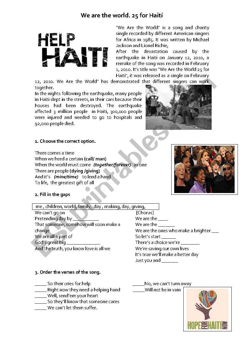 We are the world_25 for Haiti worksheet