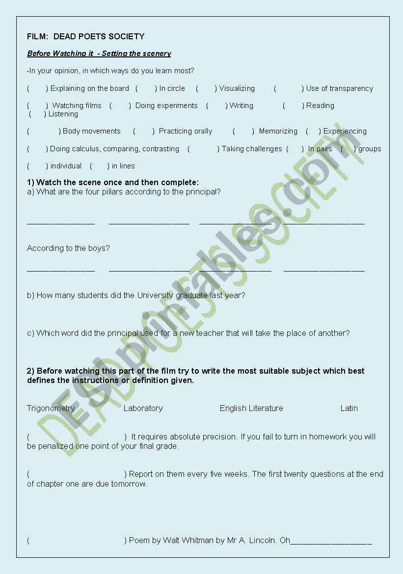 Dead Poets Society worksheet