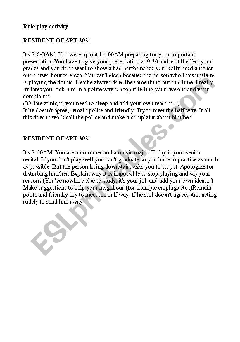 Speaking role play activity worksheet