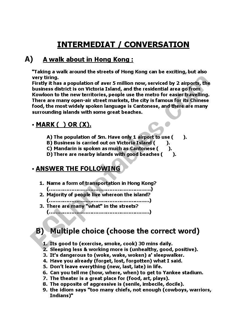 intermediat/ conversation worksheet