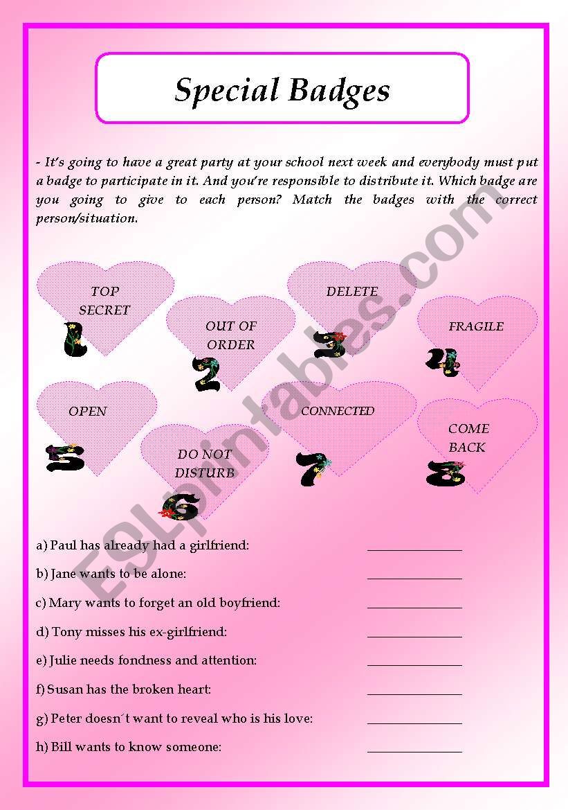 Special badges worksheet