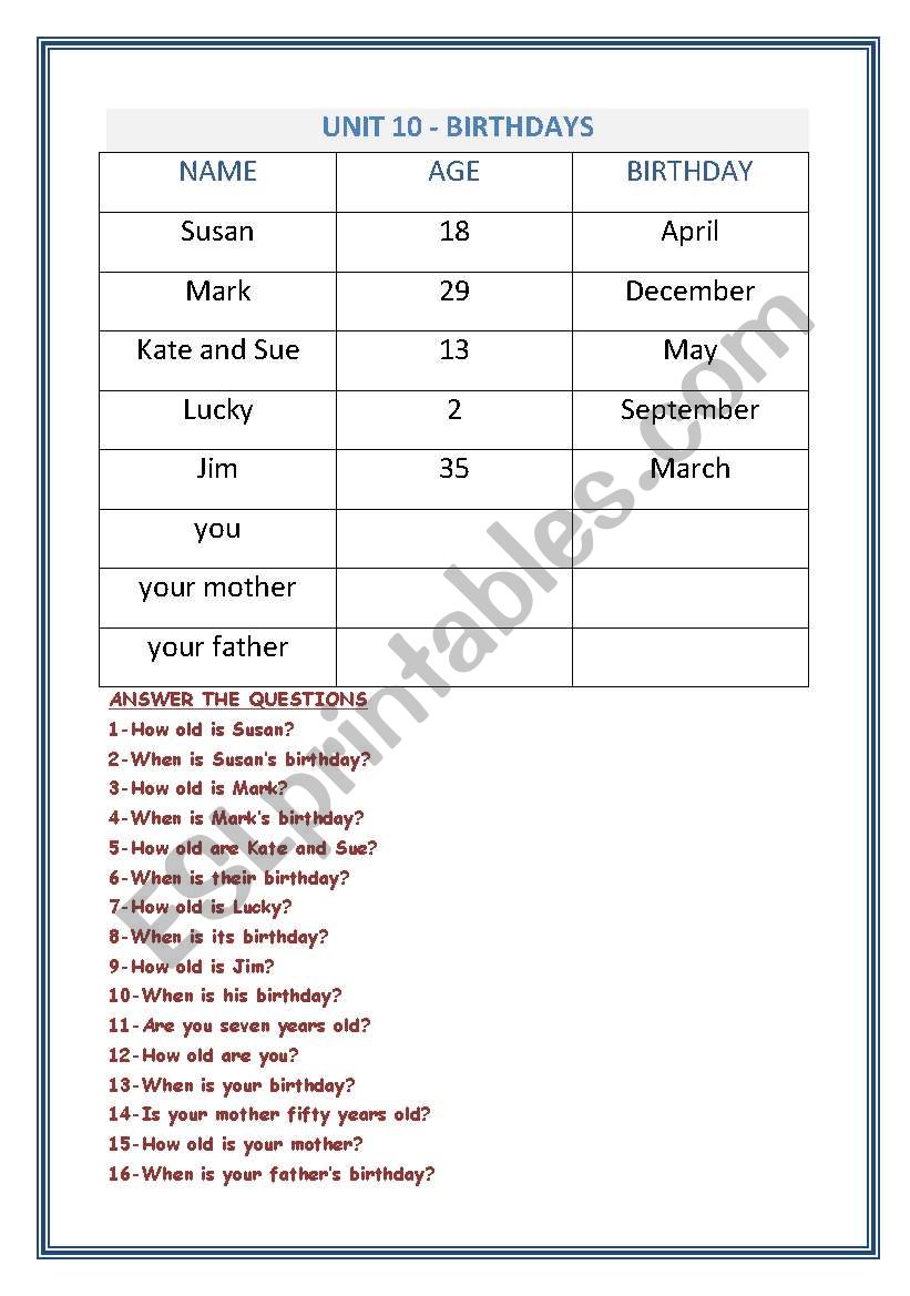 Birthdays worksheet