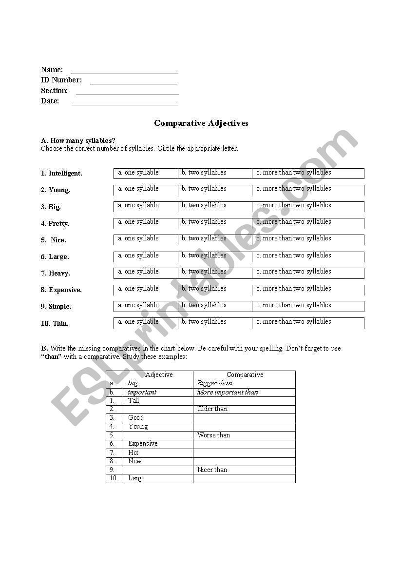 Comparative Test worksheet