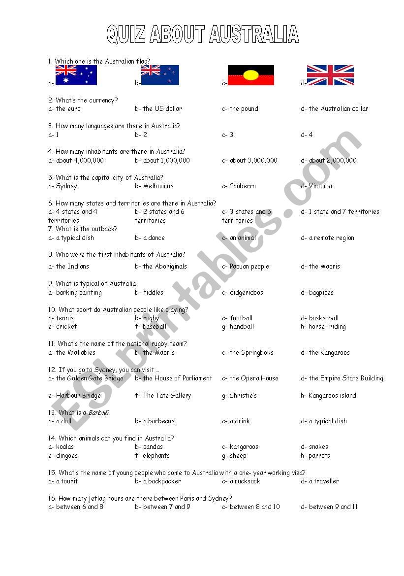 QUIZ ABOUT AUSTRALIA worksheet