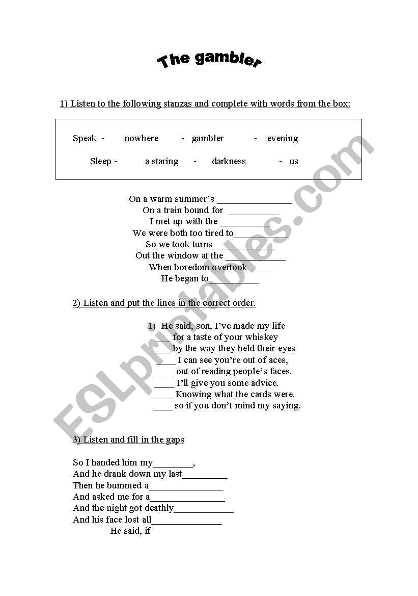 The Gambler song worksheet