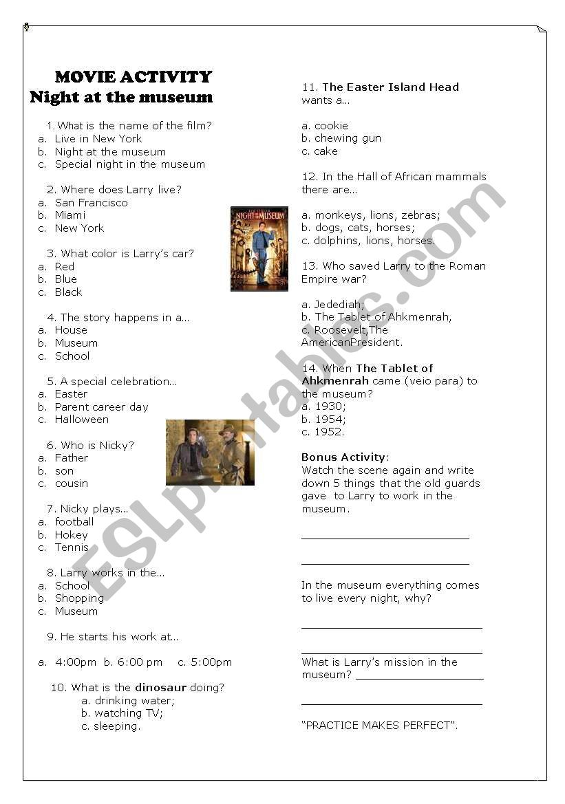 movie - night at the museum 1 worksheet