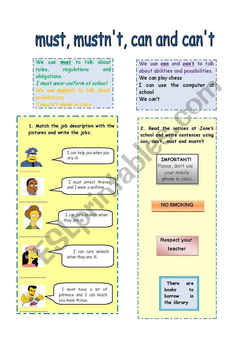 Must, mustnÂ´t, can, canÂ´t worksheet